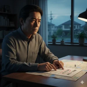 4,000万円のローン契約書が置かれたデスクで、住宅地図の一点を指差しながら考え込む50代の男性(金子裕二)。窓の外には夕暮れ時の閑静な住宅街が広がり、個人的な利便性で選んだ『立地』が、後に負債を守る資産価値となったことに気づく場面を表現している。