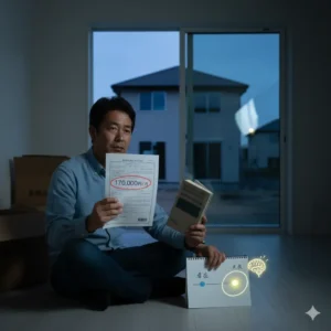 薄暗い部屋で月17万円のローン書類を手に持ち、困惑と決断の表情を浮かべる50代男性(金子裕二)。手前には『現在(現在バイアス)』と『未来』の心理的価値の差を示すノートが置かれ、背景には静寂を象徴する新築戸建てが窓越しに見えている。