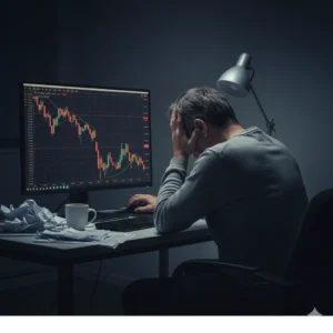 暗い部屋で、暴落した株価チャートを前に頭を抱えて絶望する男性の後ろ姿。デスクには散乱した書類や請求書があり、投資の失敗による大きな損失と精神的な衝撃を表現している。