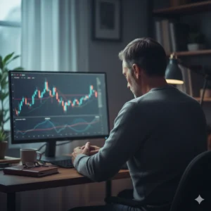 薄暗い部屋でパソコンの株価チャートを前に考え込む男性の後ろ姿。投資の判断や精神的な消耗を表現。