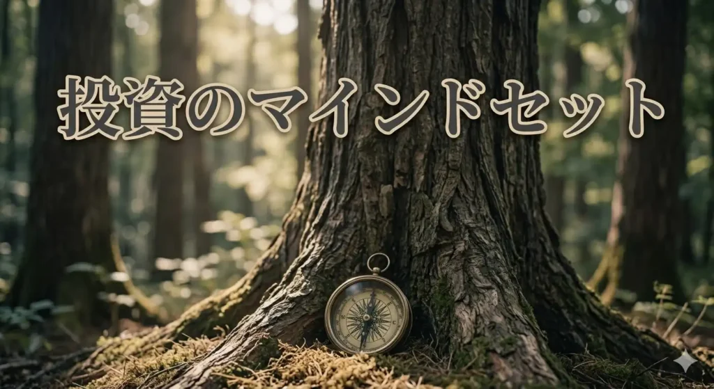 穏やかな木漏れ日が差し込む深く静かな森と、古びた木の幹の傍らに置かれた小さな羅針盤（コンパス）。落ち着いたネイビーとベージュのトーンで「投資のマインドセット」の静謐な世界観を表現。