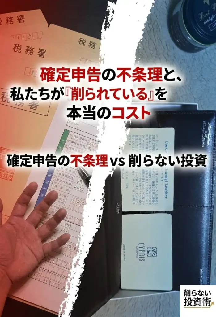 確定申告の不条理と削らない投資術の対比を描いたアイキャッチ画像。画面中央で大胆に分断された構成。左半分は赤い色調で、税務署の封筒や書類、ペンを持った手が置かれ、煩雑な手続きのストレスを表現。右半分は青い色調で、白いギフトボックスの上に置かれたCYPRIS（キプリス）の高級な黒革（コードバン）長財布と、その上に置かれた5円玉を映し、上質な自己投資を表現。中央上部に大きな日本語のテキストで「確定申告の不条理と、私たちが『削られている』本当のコスト」と「確定申告の不条理 vs 削らない投資」というキャッチコピーが配置されている。右下には「削らない投資術」というロゴマークがある。