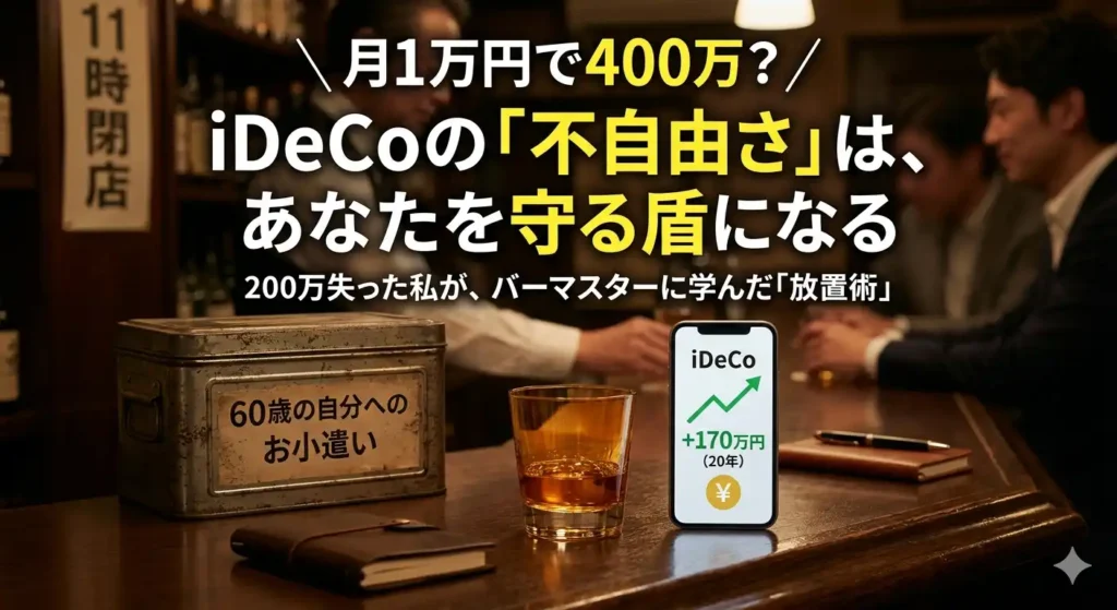 馴染みのバーのカウンターで、マスターから聞いたiDeCo（イデコ）の成功体験を映したスマートフォンの画面。「月1万円で400万？iDeCoの『不自由さ』は、あなたを守る盾になる」というキャッチコピーと、60歳の自分へのお小遣いと書かれたタイムカプセル付きの貯金箱。