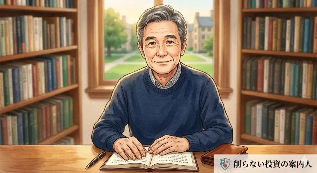 26年の教育・カウンセリング実績と200万円の失敗体験を持つ、削らない投資の案内人（大学教員・カウンセラー）のイラストポートレート。